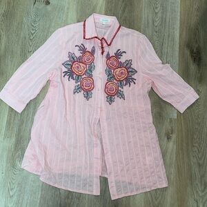 Stunning Velzera Pink Embroidered Beaded Floral Tunic Button Down Top Small